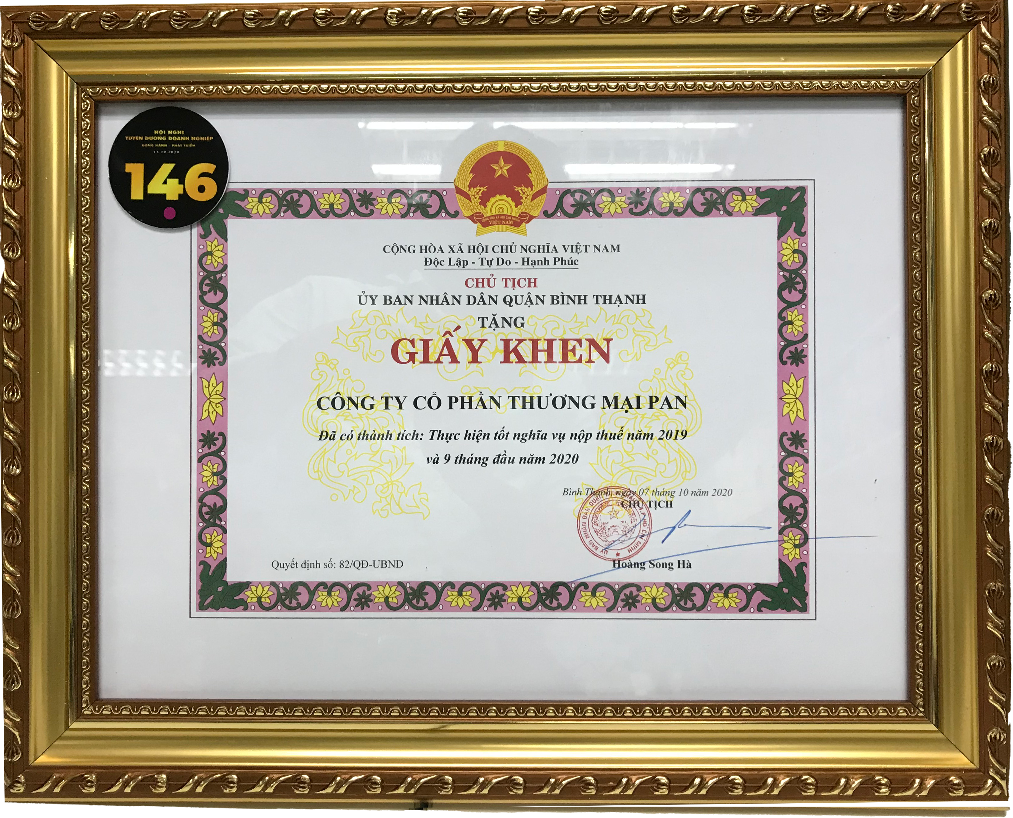 PAN TRADING vinh dự được UBND Quận Bình Thạnh tuyên dương “Doanh nghiệp đồng hành – phát triển” năm 2020