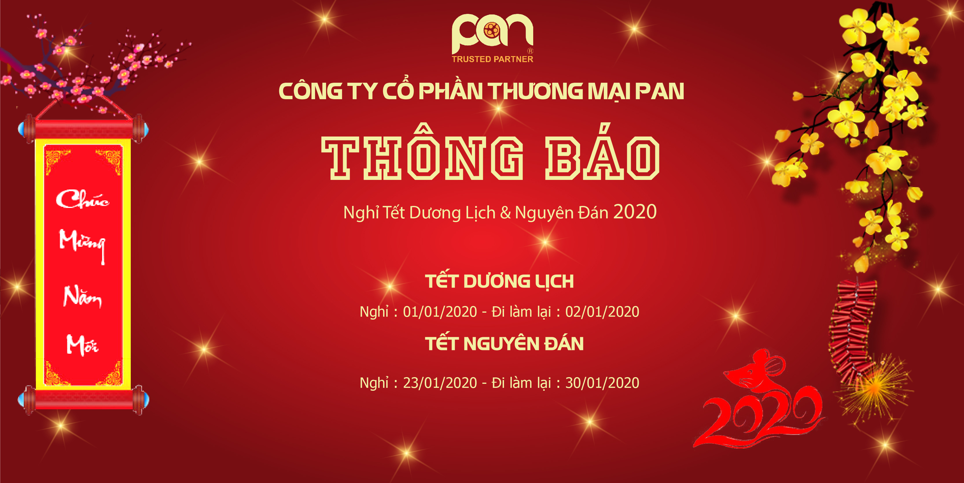 PAN TRADIG JSC - Thông báo lịch nghỉ tết